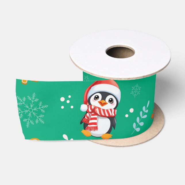 Penguin Santa Happy Merry Christmas tree pattern Satin Ribbon (Spool)