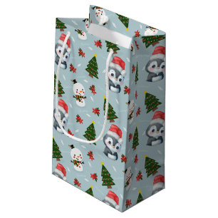Penguin Santa Happy Merry Christmas tree pattern Small Gift Bag