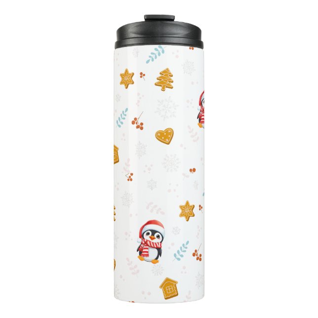 Penguin Santa Happy Merry Christmas tree pattern Thermal Tumbler (Front)