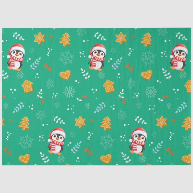 Penguin Santa Happy Merry Christmas tree pattern Tissue Paper (Front)