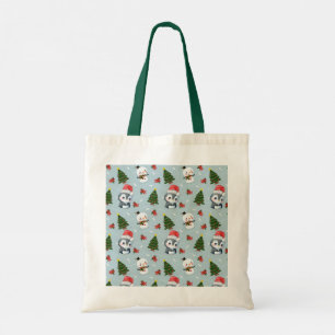 Penguin Santa Happy Merry Christmas tree pattern Tote Bag