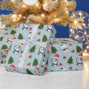 Penguin Santa Happy Merry Christmas tree pattern Wrapping Paper