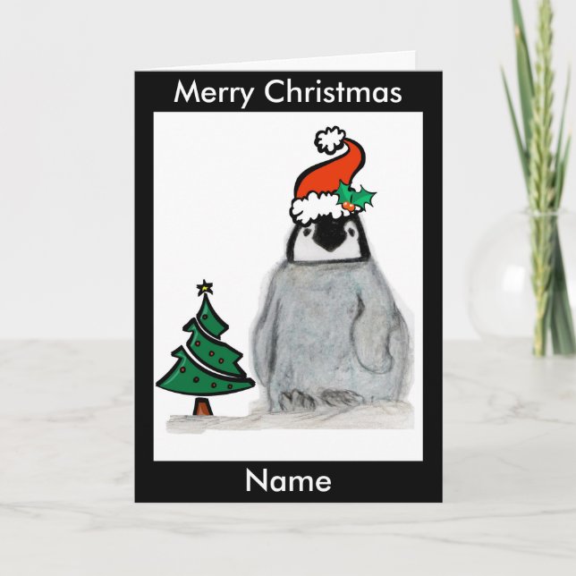 Penguin Santa Hat Christmas Art Cart personalise Holiday Card (Front)