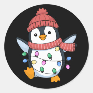 Penguin Santa Lights Christmas Penguins Xmas Classic Round Sticker