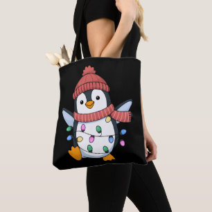 Penguin Santa Lights Christmas Penguins Xmas Tote Bag