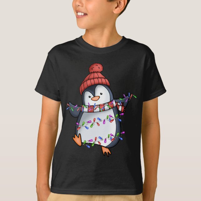 Penguin Santa Lights Christmas Pyjamas Cute Pengui T-Shirt (Front)