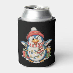 Penguin Santa Xmas Lights Christmas Holiday Can Cooler
