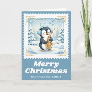 Penguin Saxophone Retro Postage Stamp Christmas Holiday Card