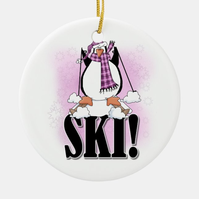 Penguin Ski Tshirts and Gifts Ceramic Tree Decoration (Front)