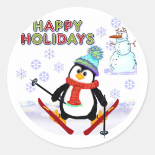 Penguin Skier Cards Classic Round Sticker