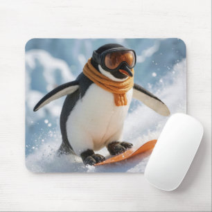 Penguin Snowboarding Downhill Mouse Pad