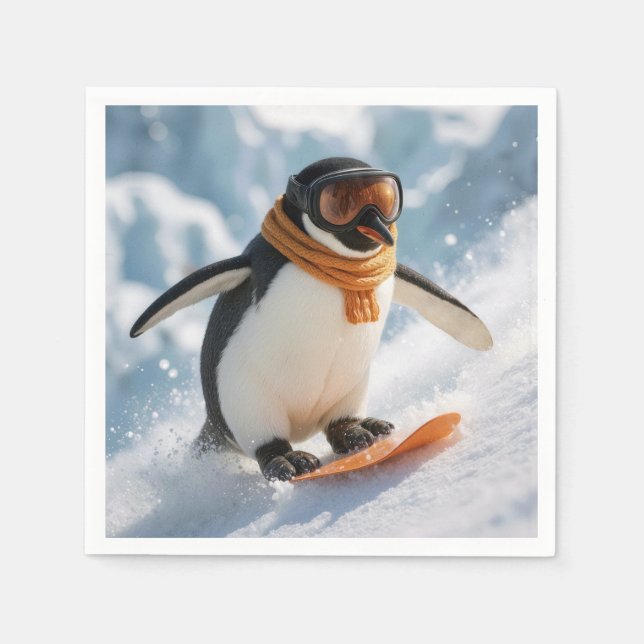 Penguin Snowboarding Downhill Napkin (Front)