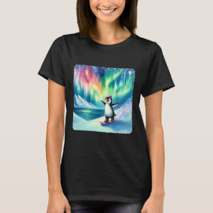 Penguin Snowboarding Under Colourful Aurora Boreal T-Shirt