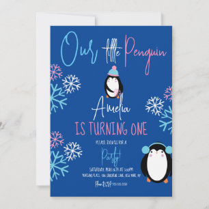 Penguin Snowflakes Pink Blue 1st Birthday Party Invitation