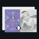 Penguin Snowflakes Pink Blue 1st Birthday Photo  Invitation<br><div class="desc">Penguin Winter First Birthday Party Snowflake Themed Stationery</div>