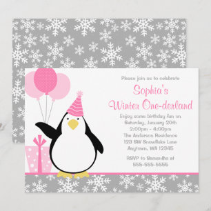 Penguin Snowflakes Winter Onederland Birthday Invitation