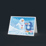 Penguin & Snowman medium Christmas card. Holiday Card<br><div class="desc">Penguin & Snowman medium Christmas card. From the picture book featuring Ping Ping the penguin. Here he's having fun building his own individual snowperson. Available in other sizes - this one is LARGE! Cute Christmas card features an original mixed media illustration from a picture book. Penguin is trying out various...</div>
