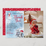 Penguin Snowman ONEderland 1st Birthday Thank You<br><div class="desc">Cute watercolor penguin in a santa hat and snowman with snow falling all around photo "ONEderland Thank You".  Design is in red,  grey,  dusky blue,  black and white.  Simply personalise with your thank you details.  Back features a snowfall pattern over a red background.  Composite by Holiday Hearts Designs.</div>