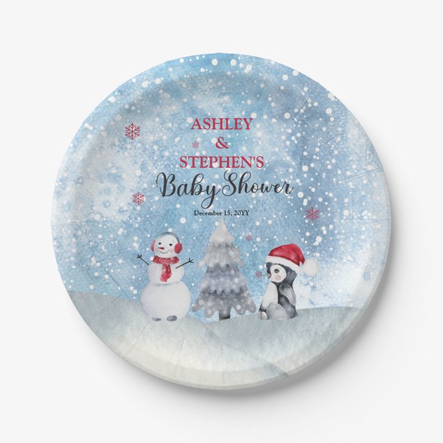 Penguin Snowman Winter Boy Baby Shower Paper Plate (Front)