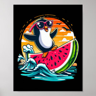 Penguin Sungles Watermelon Surfing Summer Sunset S Poster