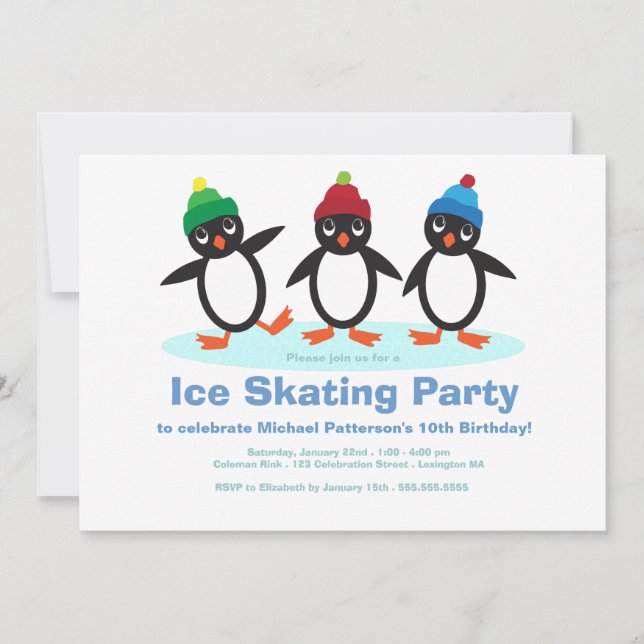 Penguin Trio Boys Ice Skating Birthday Party Invitation (Front)
