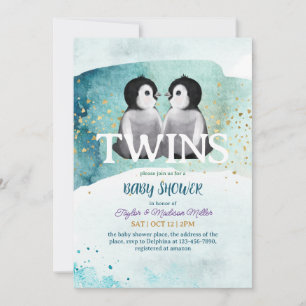 Penguin Twin Winter Theme Baby Boy Shower Invitation