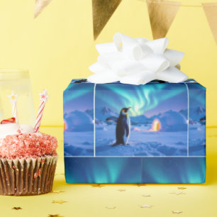 Penguin Under Northern Lights Wrapping Paper