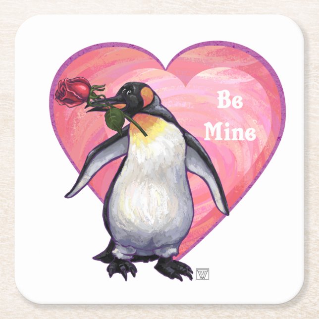 Penguin Valentine's Day Square Paper Coaster (Front)