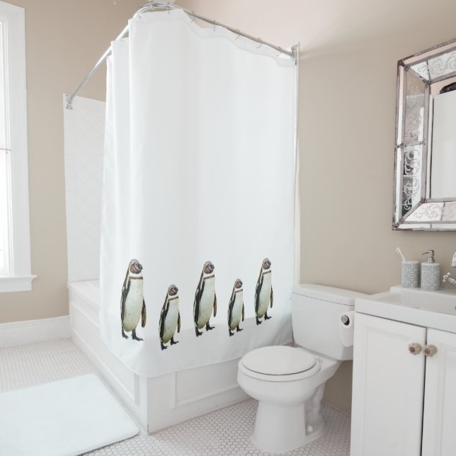 Penguin Walk on White Shower Curtain (In Situ)