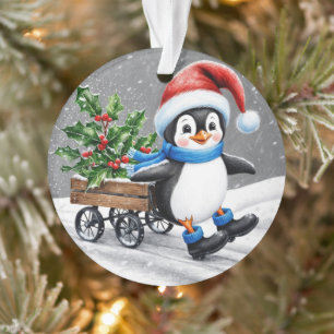 Penguin Wearing Santa hat Christmas Art  Ornament