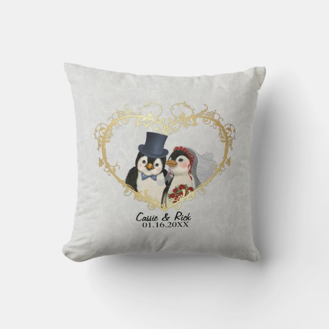 Penguin Wedding Bride and Groom - Customise Cushion (Front)
