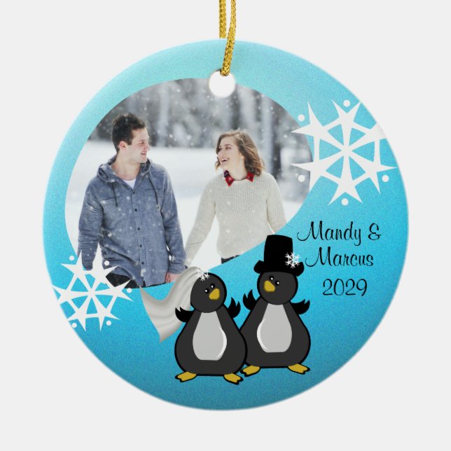 Penguin Wedding Christmas Ceramic Tree Decoration (Front)