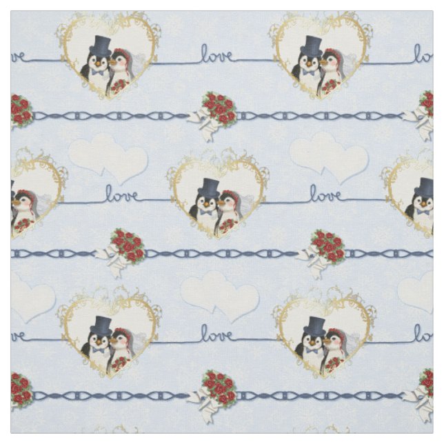 Penguin Wedding Hearts On Blue Fabric (Swatch)