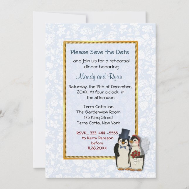 Penguin Wedding -  Rehearsal Dinner Invitation (Front)
