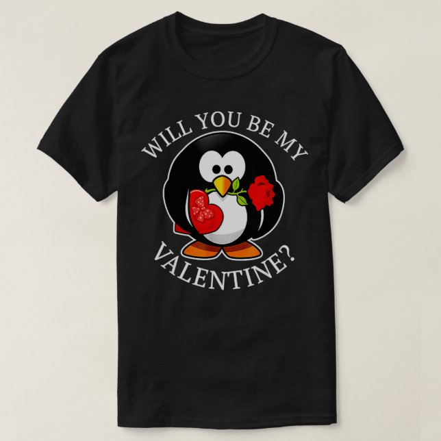 Penguin Will You Be My Valentine Cute Animal  T-Shirt (Design Front)