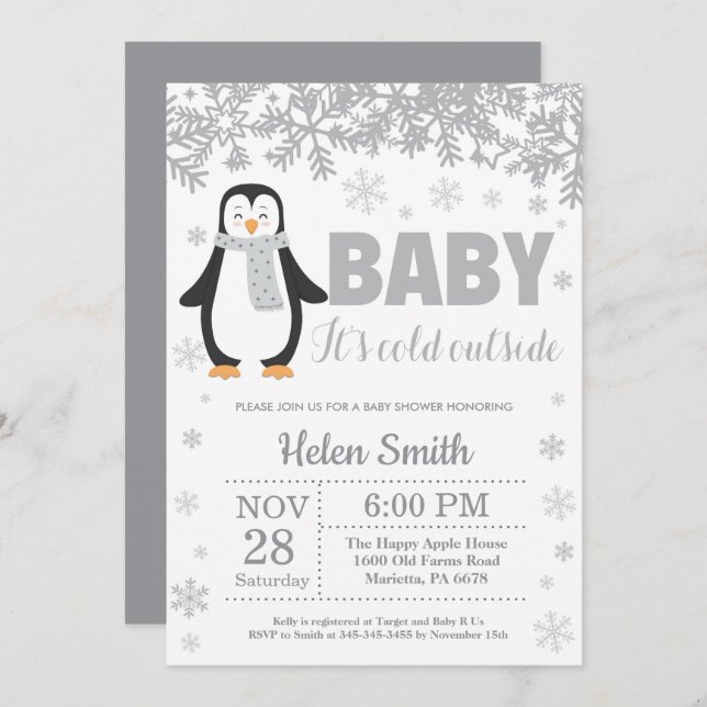Penguin Winter Baby Shower Snowflake Invitation (Front/Back)