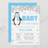 Penguin Winter Blue Boy Baby Shower Snowflake