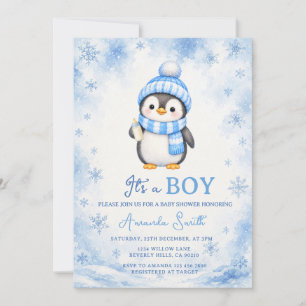Penguin Winter Blue Snowflake Baby Shower Invitation
