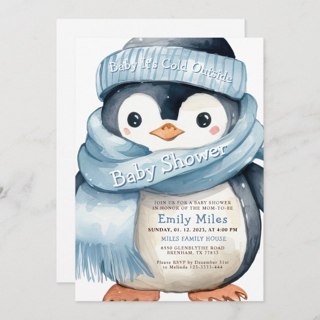 Penguin Winter Boy Baby Shower Invitation (Front/Back)