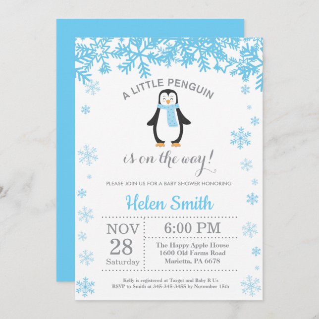 Penguin Winter Boy Baby Shower Snowflake Invitation (Front/Back)