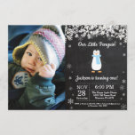 Penguin Winter Boy Birthday Photo Invitation<br><div class="desc">Penguin Winter Boy Birthday Invitation with custom photo. White Snowflake. Boy Birthday Party Invitation. Winter Holiday Bday. 1st First Birthday. 1st 2nd 3rd 4th 5th 6th 7th 8th 9th 10th 11th 12th 13th 14th 15th, any age. Chalkboard Background. Black and White. For further customisation, please click the "Customise it" button...</div>