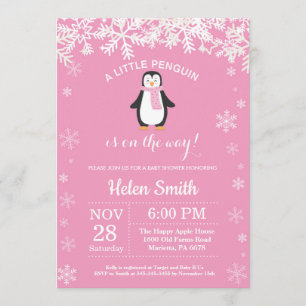 Penguin Winter Girl Baby Shower Snowflake Invitation