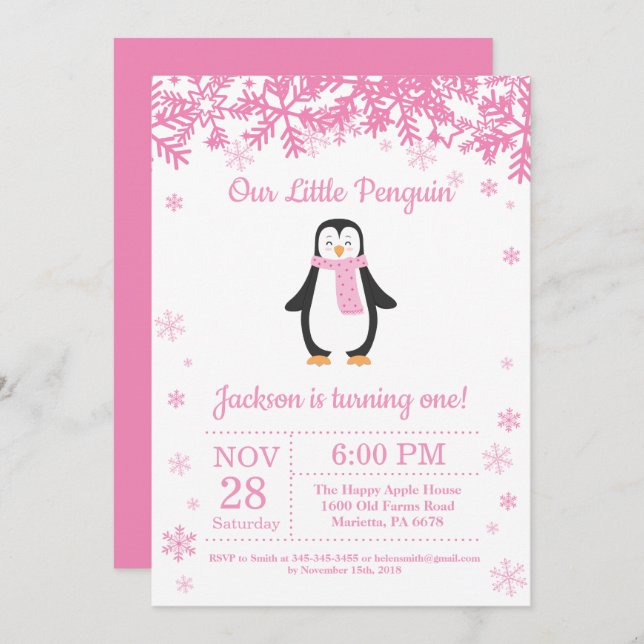 Penguin Winter Girl Birthday Invitation (Front/Back)