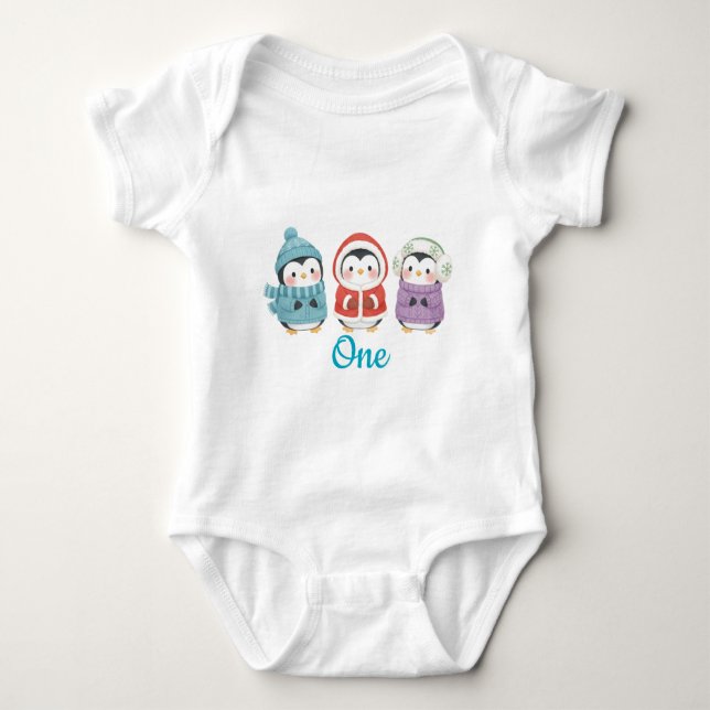 Penguin Winter One-derland Birthday Baby Bodysuit (Front)