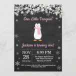 Penguin Winter Pink Birthday Invitation<br><div class="desc">Penguin Winter Girl Birthday Invitation. White Snowflake. Girl Birthday Party Invitation. Winter Holiday Bday. 1st First Birthday. 1st 2nd 3rd 4th 5th 6th 7th 8th 9th 10th 11th 12th 13th 14th 15th, any age. Chalkboard Background. Black and White. For further customisation, please click the "Customise it" button and use our...</div>