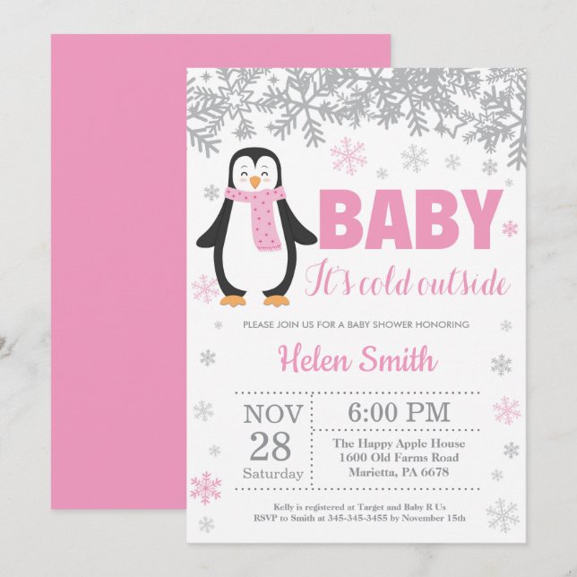 Penguin Winter Pink Girl Baby Shower Snowflake Invitation (Front/Back)