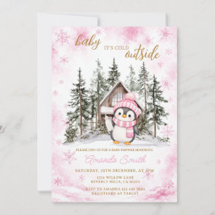 Penguin Winter Pink Snowflake Baby Shower Invitation