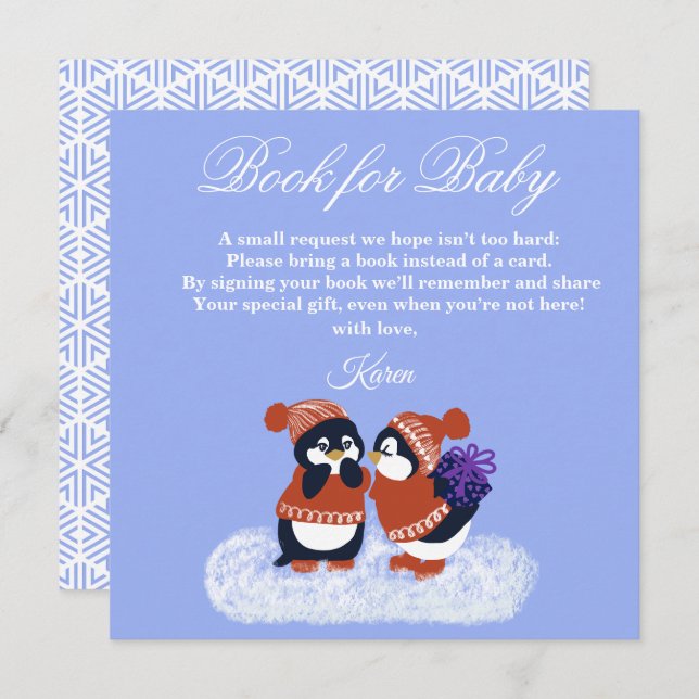 Penguin Winter Snow Birthday Baby Shower Book  Thank You Card (Front/Back)