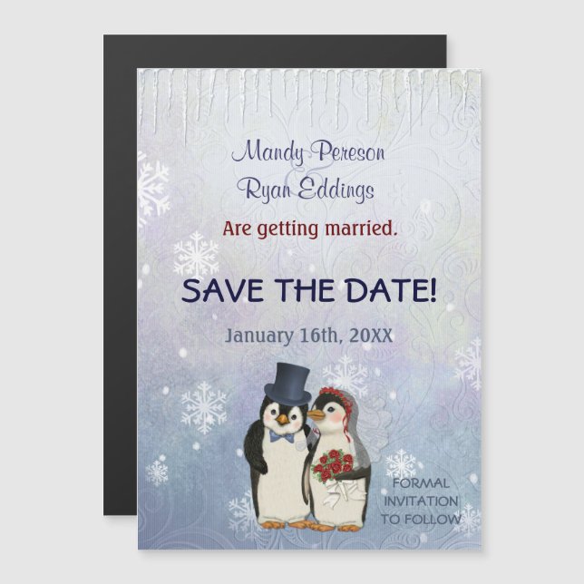Penguin Winter Snowflakes Wedding Save The Date Magnetic Invitation (Front/Back)
