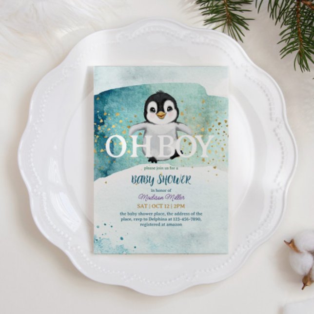 Penguin Winter Theme Cute Baby Boy Shower Invitation (Creator Uploaded)